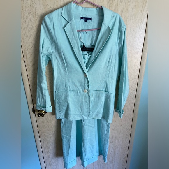 SHORE Brand Aqua Sea Glass Blue Linen Blend Blazer and Cropped Wide Leg Pants XS - Picture 1 of 13